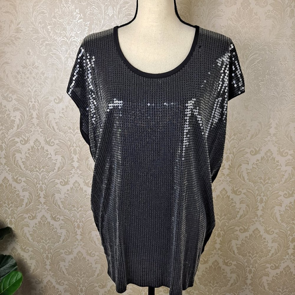MICHAEL Michael Kors Size Med Black Blouse Silver/Gunmetal Sequin Front NWT